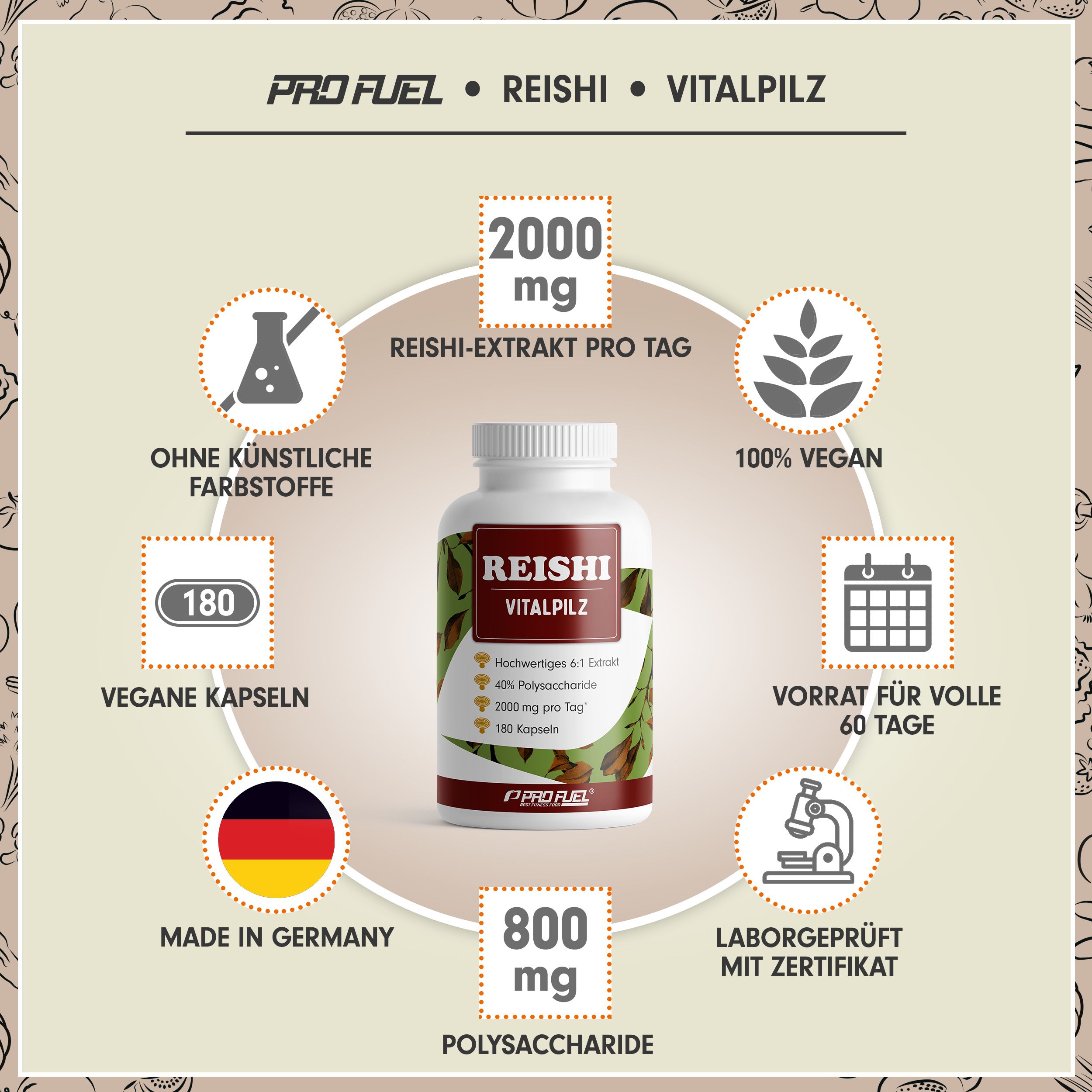 Produktabbildung mit Informationen. Reishi Vitalpilz Kapseln. 2000 mg Reishi-Extrakt pro Tag. 180 vegane Kapseln. Made in Germany.