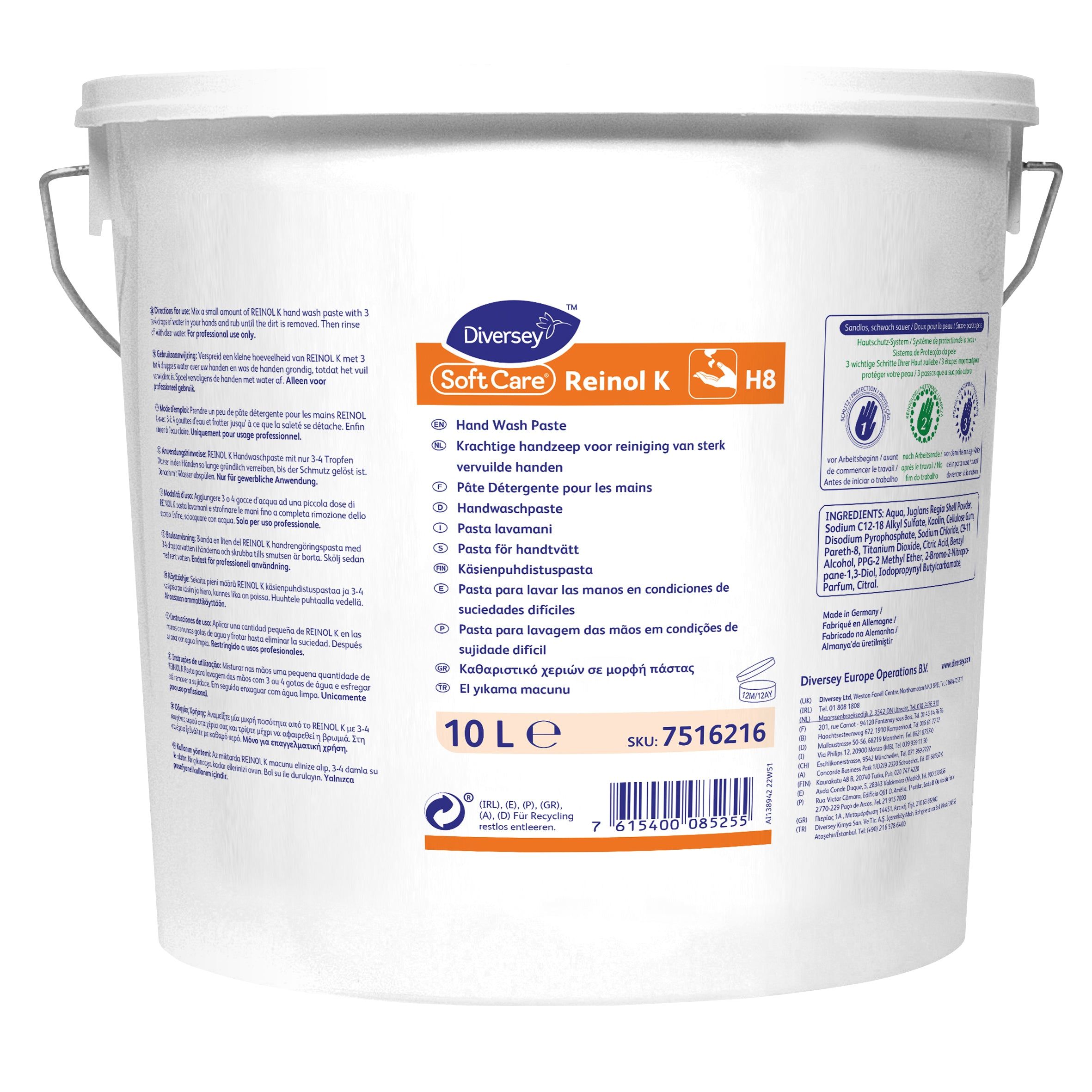 Weißer Eimer mit SoftCare Reinol K Aufschrift. 10L. Diverser-Logo. Handwaschpaste. Zertifizierungen.