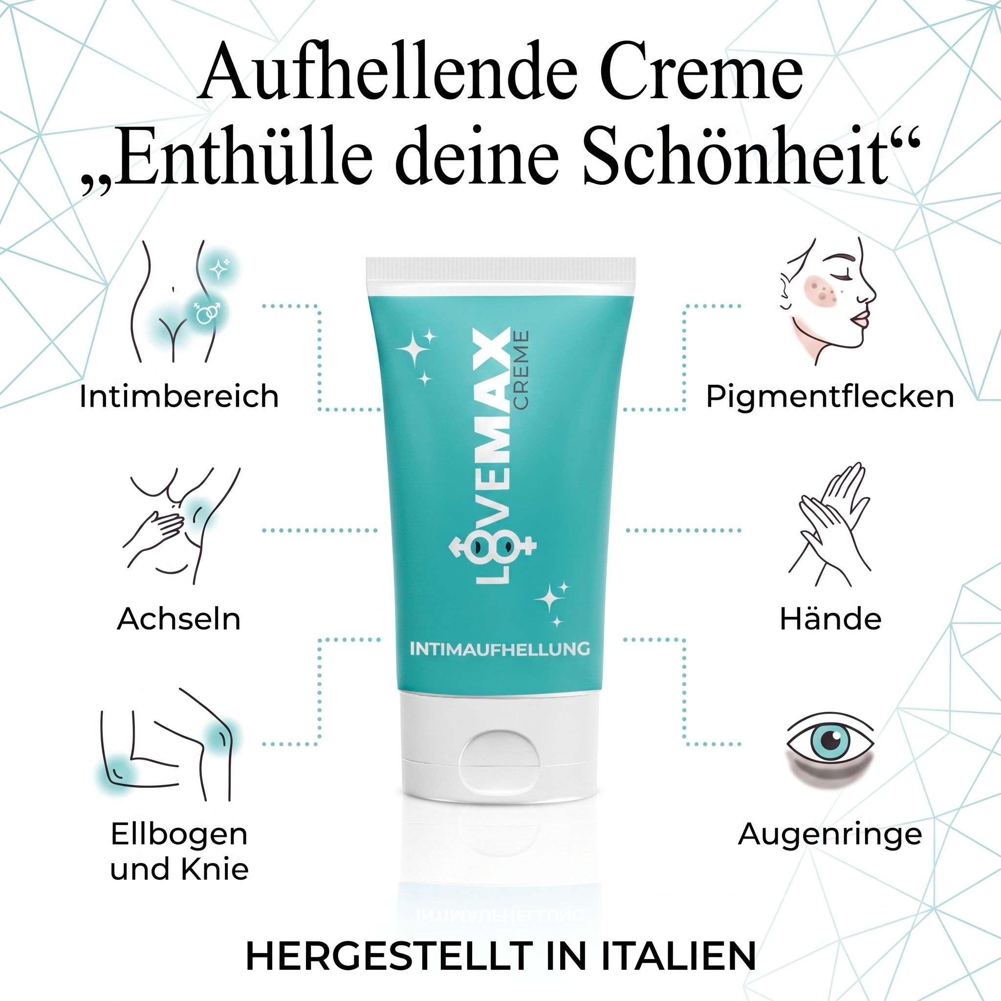 Türkise Tube mit "LOVE MAX CREME" Logo und Text "Intimaufhellung". Illustrationen zeigen Körperzonen.