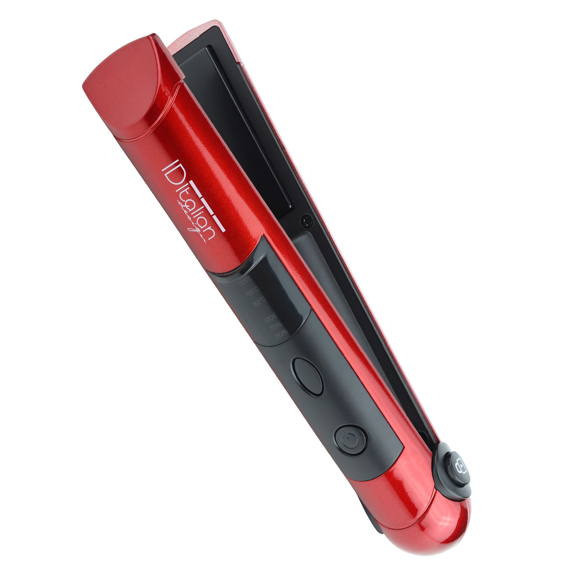 Roter, kabelloser Haarglätter mit USB-Aufladung, schräg von oben betrachtet.