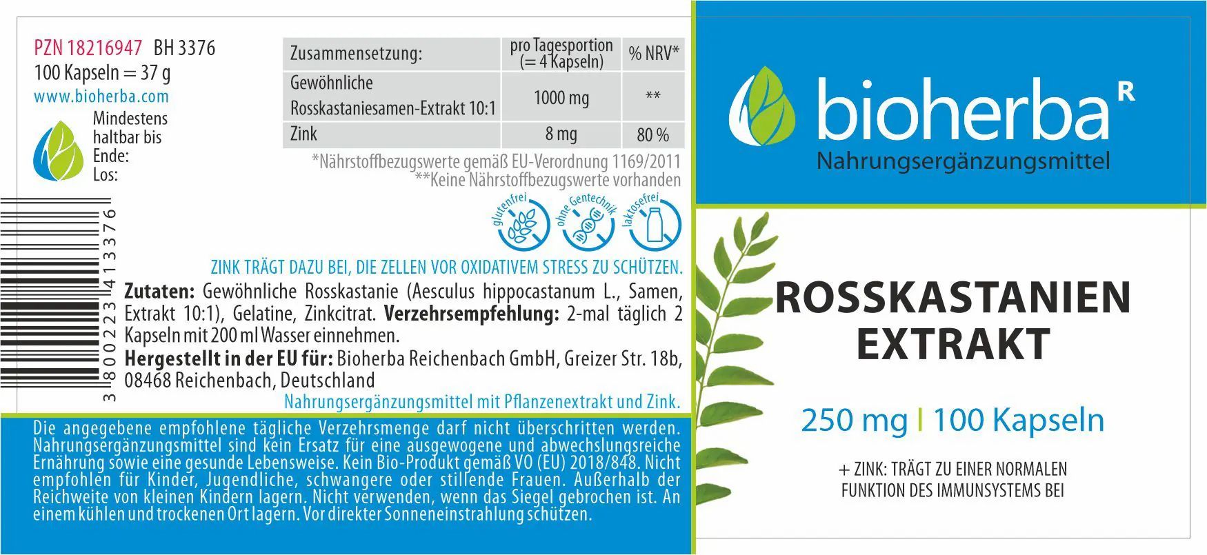 Rosskastanien Extrakt 250 mg 100 Kapseln PZN 18216947