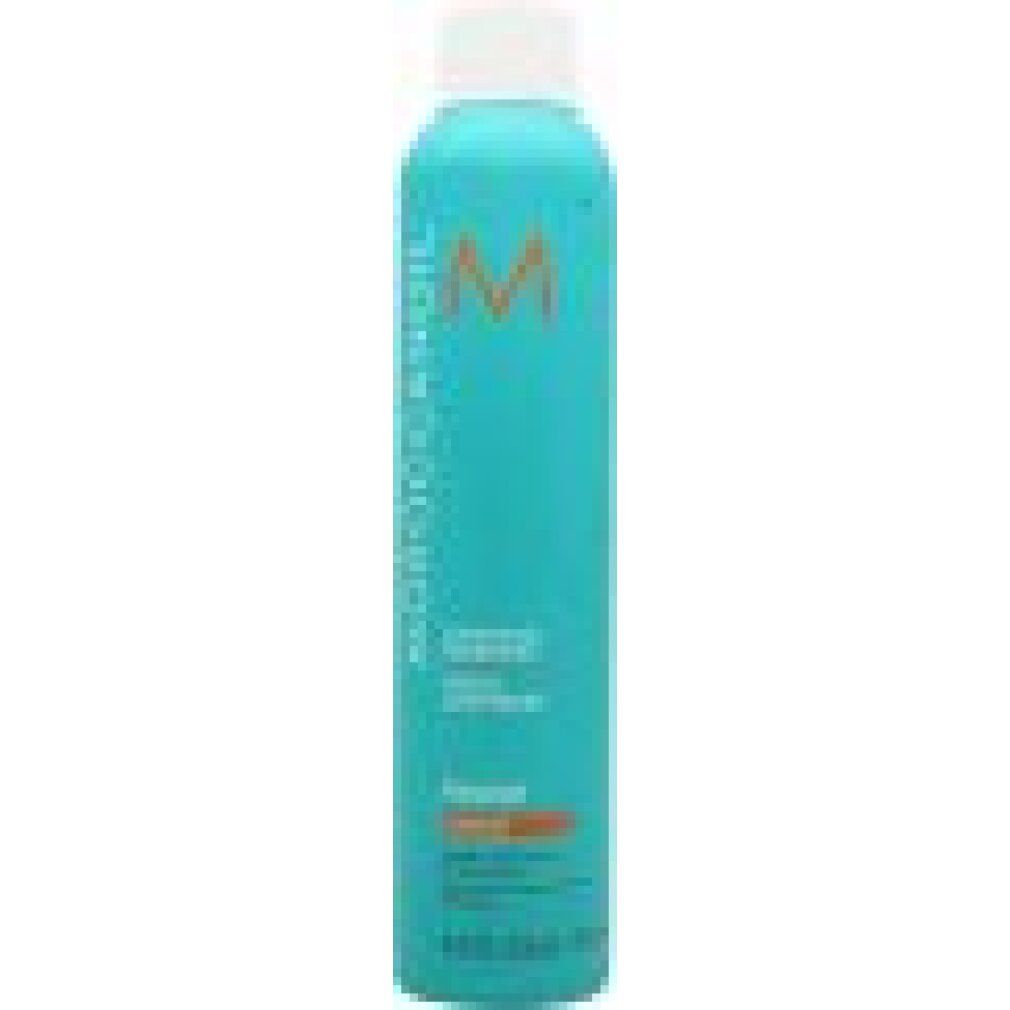 Türkisfarbene Sprühflasche mit weißem Deckel. Aufschrift: MOROCCANOIL, Luminous Hairspray, Finish Strong. Orangefarbener Akzent.