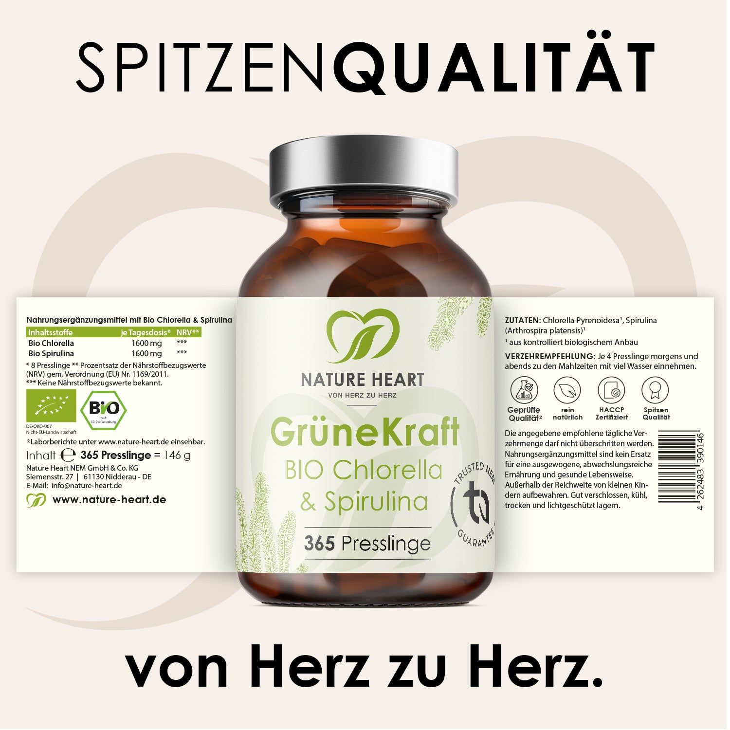 Nature Heart Grüne Kraft Bio Chlorella & Spirulina 365 Presslinge. Zutaten: Chlorella, Spirulina. Bio-zertifiziert.