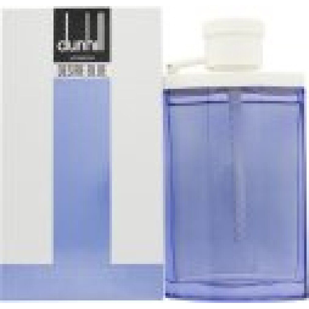 Parfümflakon und Verpackung. Flakon blau, weißer Verschluss. Verpackung weiß mit blauem Streifen. Dunhill-Logo sichtbar.