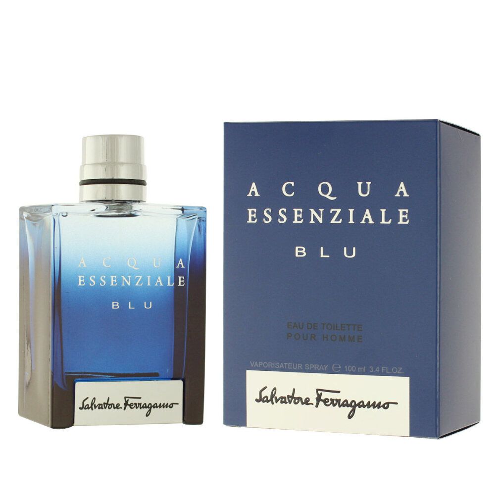 Blaues Parfümflakon und Schachtel. Aufschrift: Acqua Essenziale Blu, Salvatore Ferragamo. Flakon mit silbernem Verschluss.