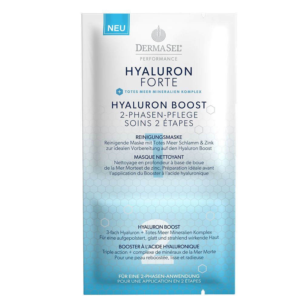DermaSel® Performance Hyaluron Forte Hyaluron Boost Pflegemaske. Blaue Verpackung mit Produktnamen und Text.