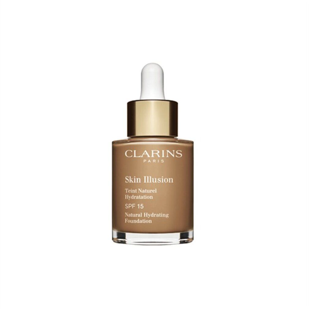 Flüssiges Make-up-Fläschchen. Marke Clarins, Skin Illusion, SPF 15. Braune Flüssigkeit in Glasflasche mit Pipette.