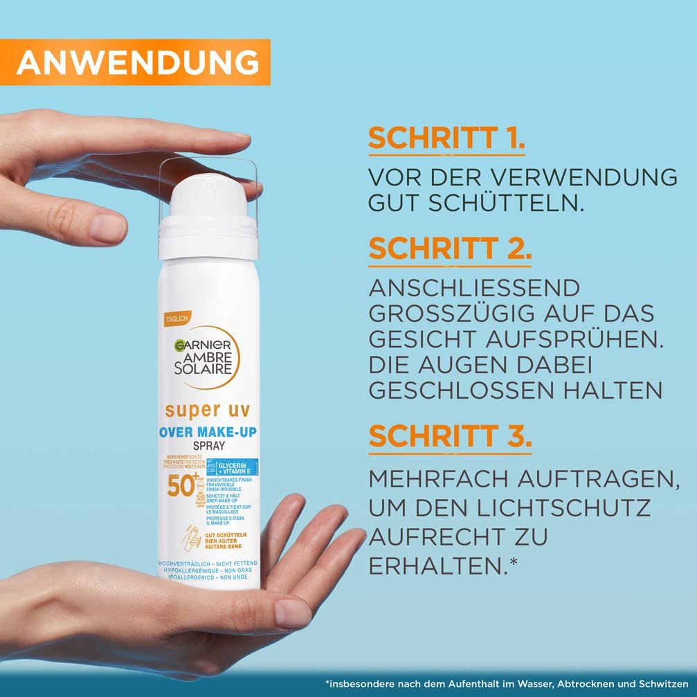 Hände halten Garnier Ambre Solaire Super UV Spray. Text: Anwendung, Schritt 1-3. Vor Gebrauch schütteln, aufsprühen, wiederholen.