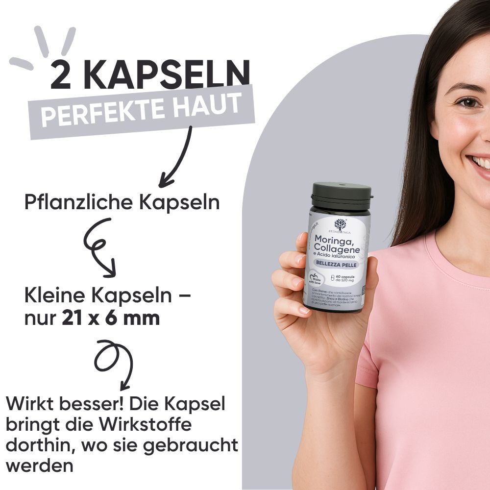 Flasche RedMoringa Kollagen Hyaluron mit Kapseln. Text: Mit Kupfer und Biotin für gesunde Haut und Haare.