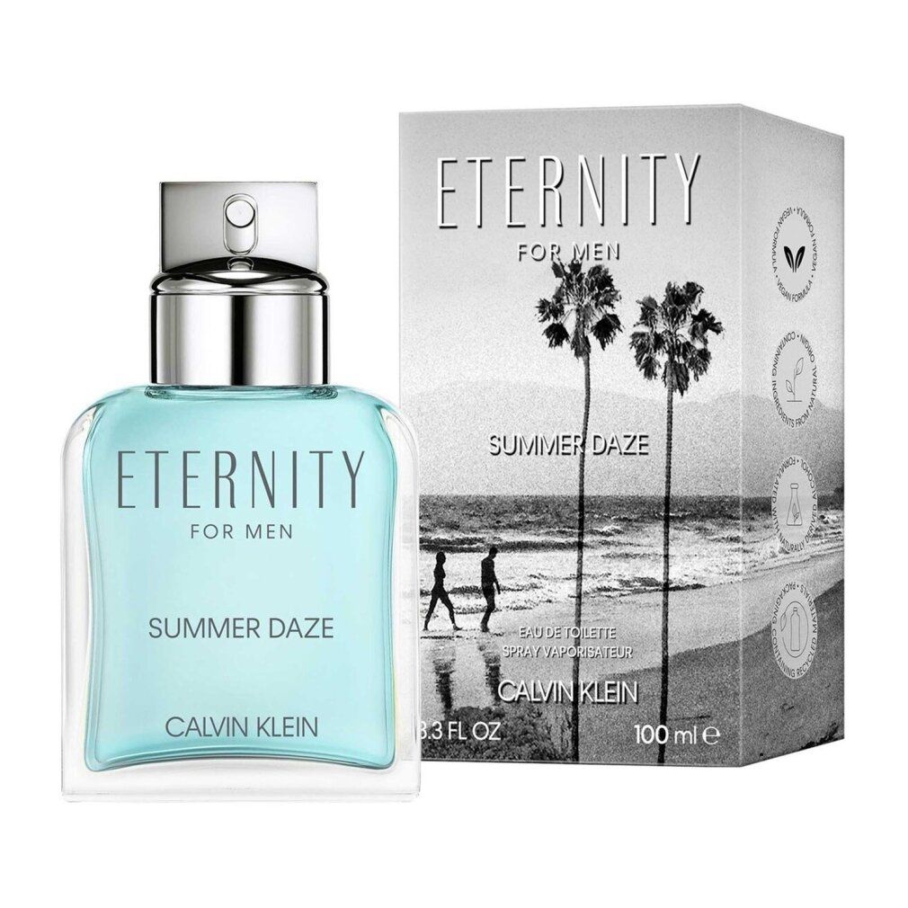 Hellblaues Parfümflakon mit silbernem Zerstäuber und Verpackung. Aufschrift "Eternity for Men Summer Daze" und "Calvin Klein".