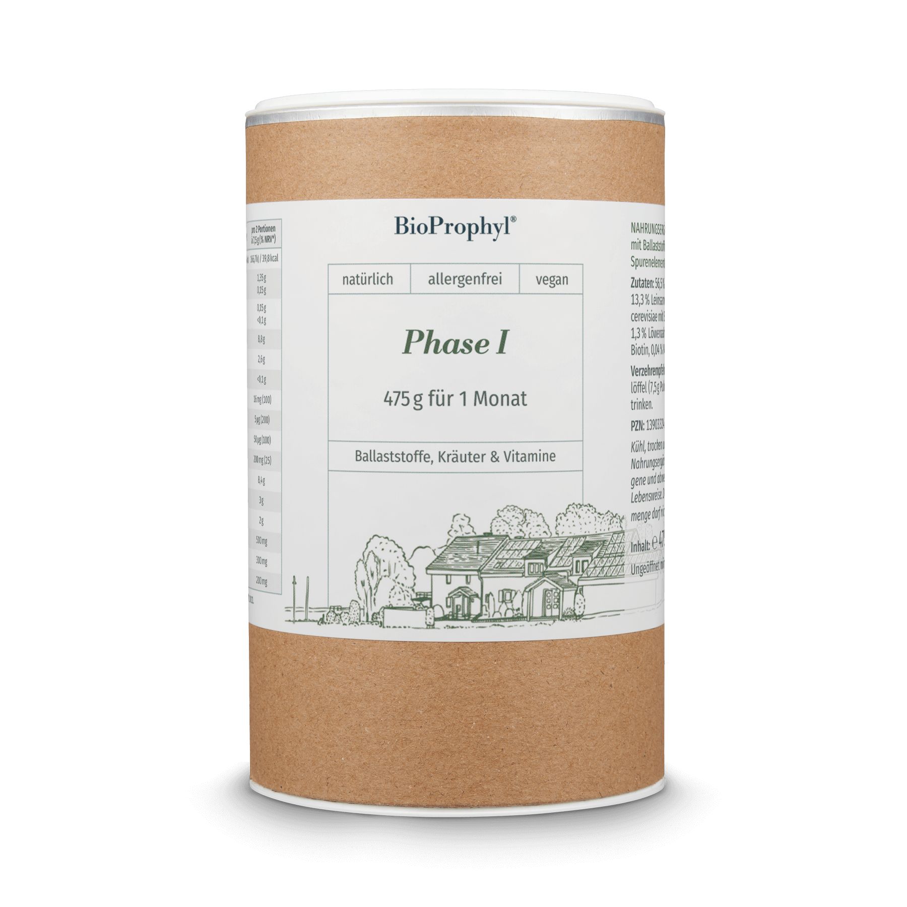 Zylindrische Dose mit "BioProphyl Phase I". Aufschrift: "475 g für 1 Monat", "Ballaststoffe, Kräuter & Vitamine".