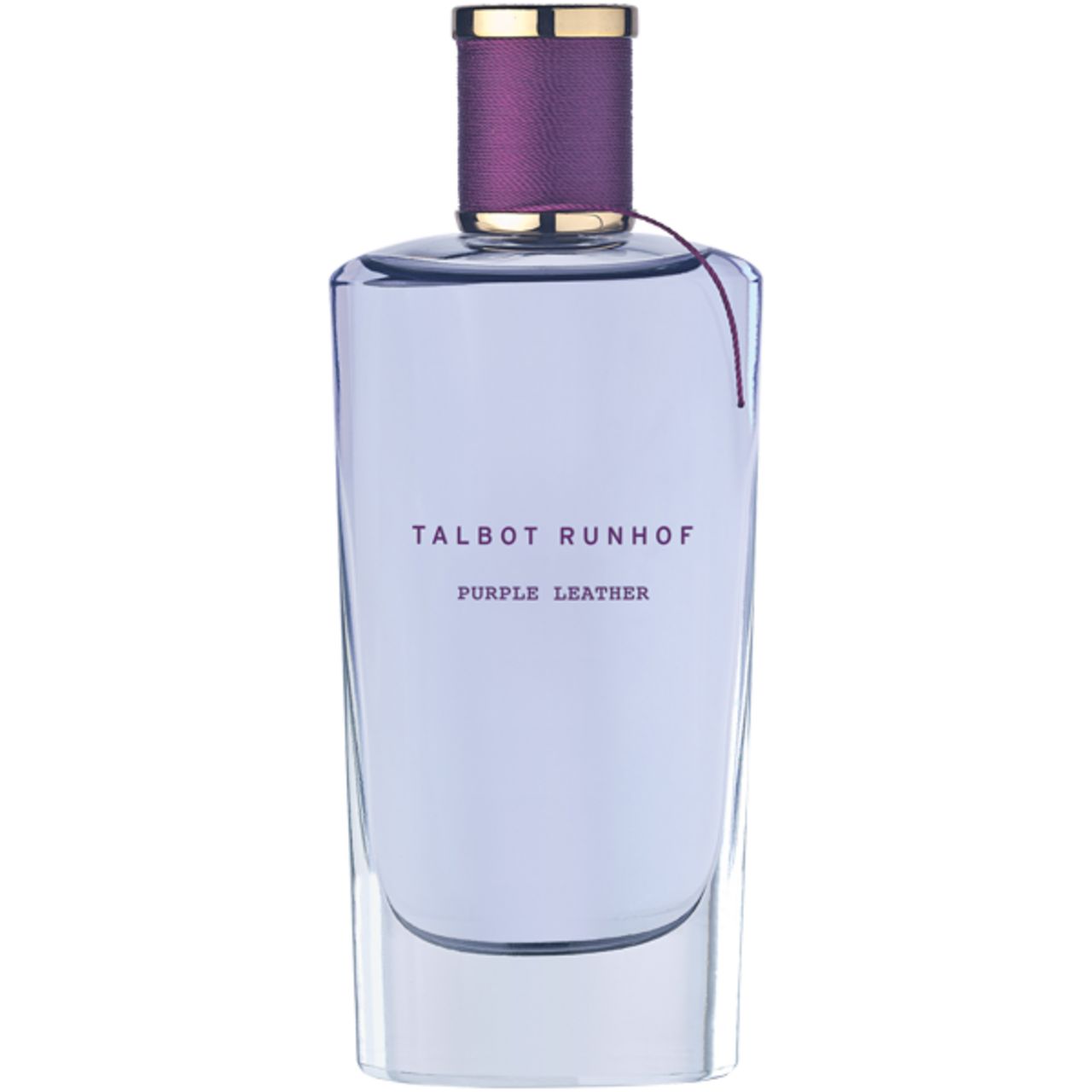 Flasche mit TALBOT RUNHOF, PURPLE LEATHER. Lila Verschluss mit goldener Kappe. Roter Faden um den Hals.
