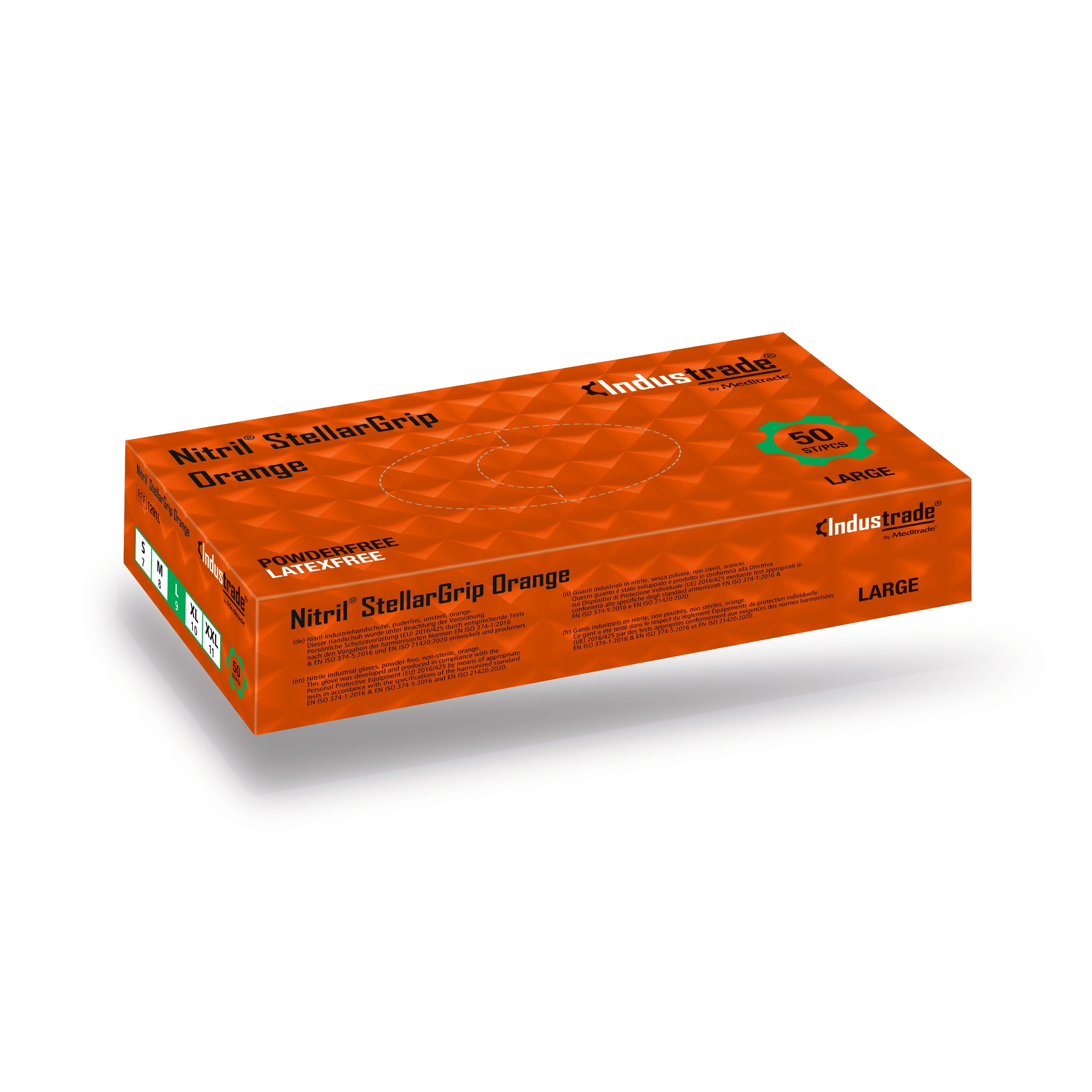 Orange Nitril StellarGrip Handschuhbox, 50 Stück, Größe L, latexfrei.