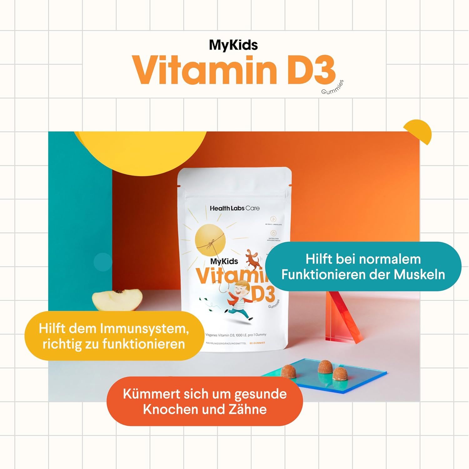 Beutel mit Vitamin D3 Gummies. Text: Hilft dem Immunsystem, richtig zu funktionieren. Hilft bei normalem Funktionieren der Muskeln. Kümmert sich um gesunde Knochen und Zähne.