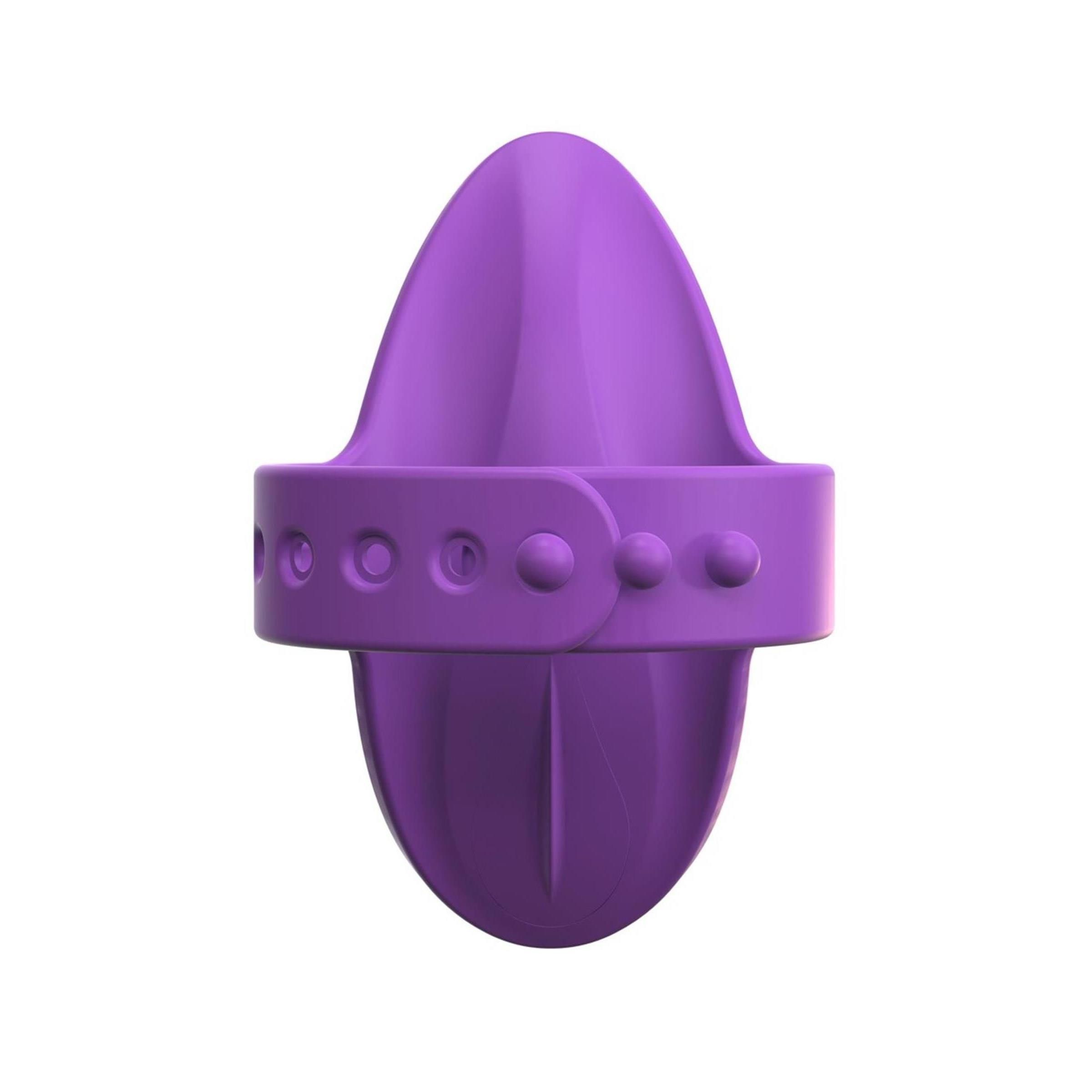 Lila Finger-Vibe. Ovale Form mit Ring. Ring mit drei Erhebungen. Vertikale Ansicht.