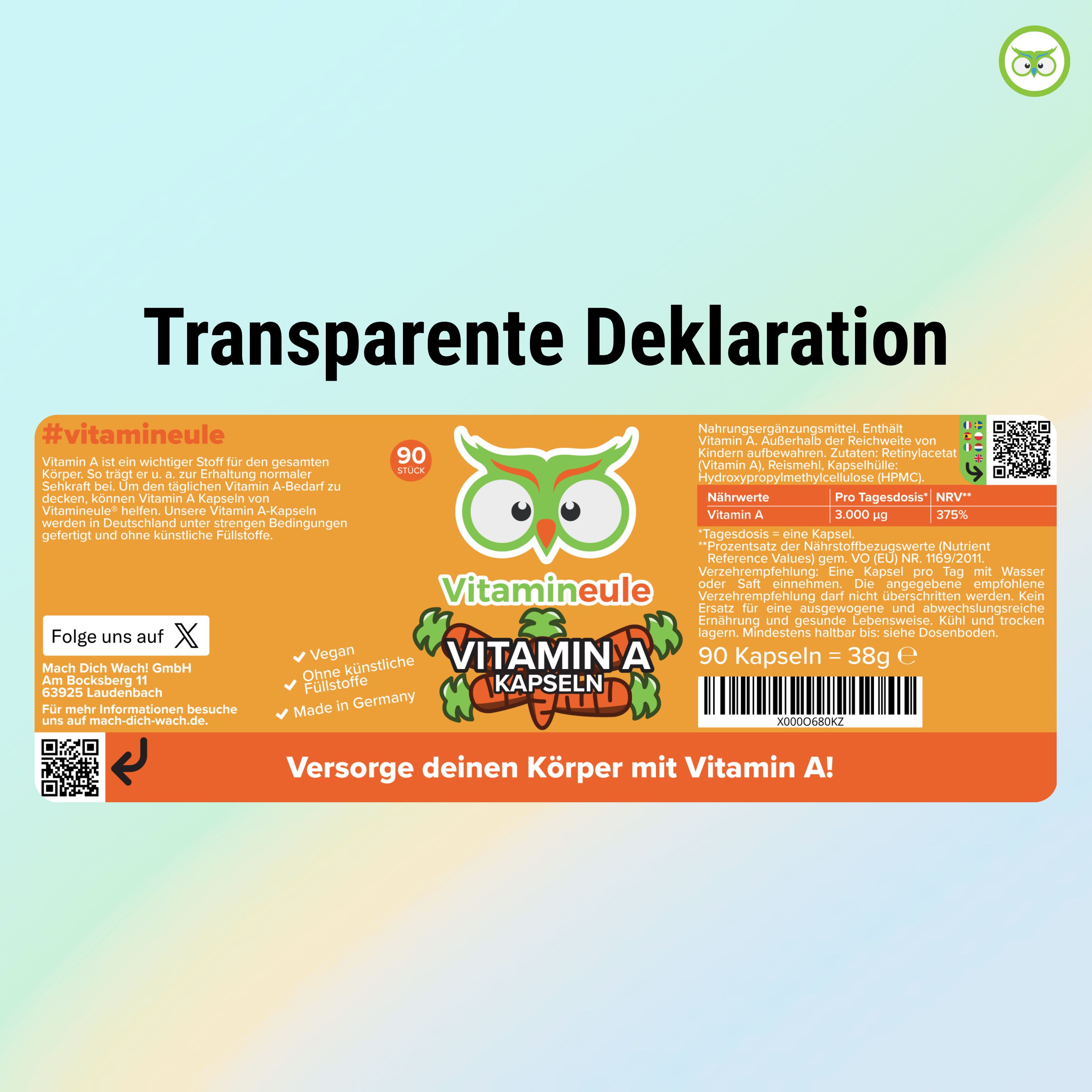 Etikett der Vitamin A Kapseln. Aufschrift: Vitamineule®, Vitamin A Kapseln. 90 Kapseln. Transparente Deklaration.