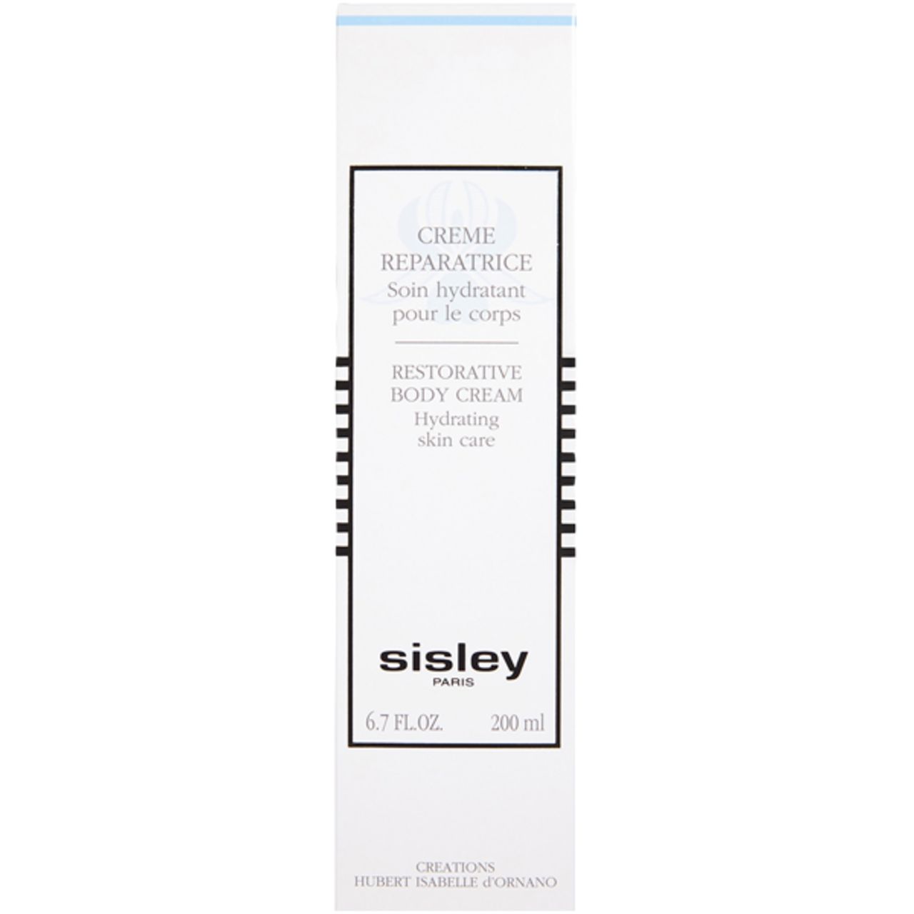 Weiße Verpackung mit Aufschrift: Crème Réparatrice, Restorative Body Cream, Sisley. 200 ml.
