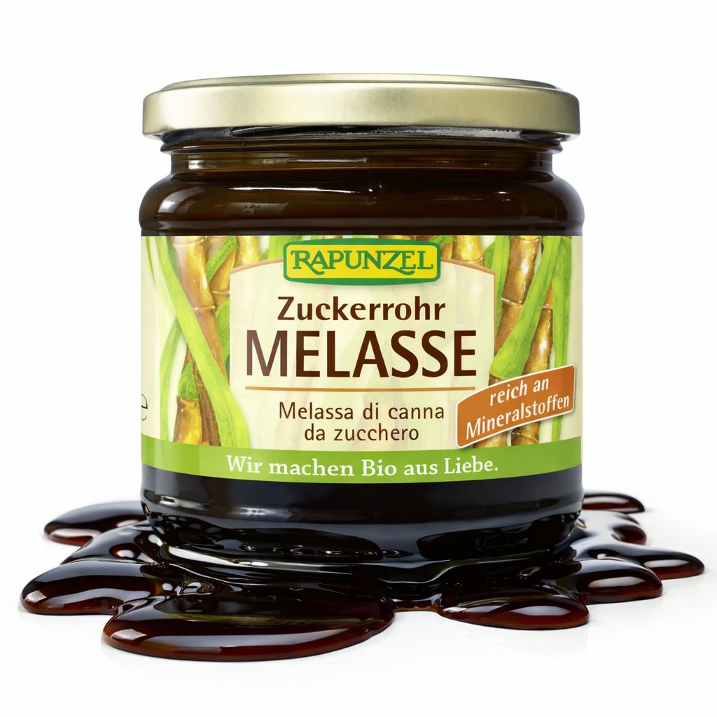 Rapunzel Zuckerrohr Melasse im Glas, mit verschütteter Melasse.