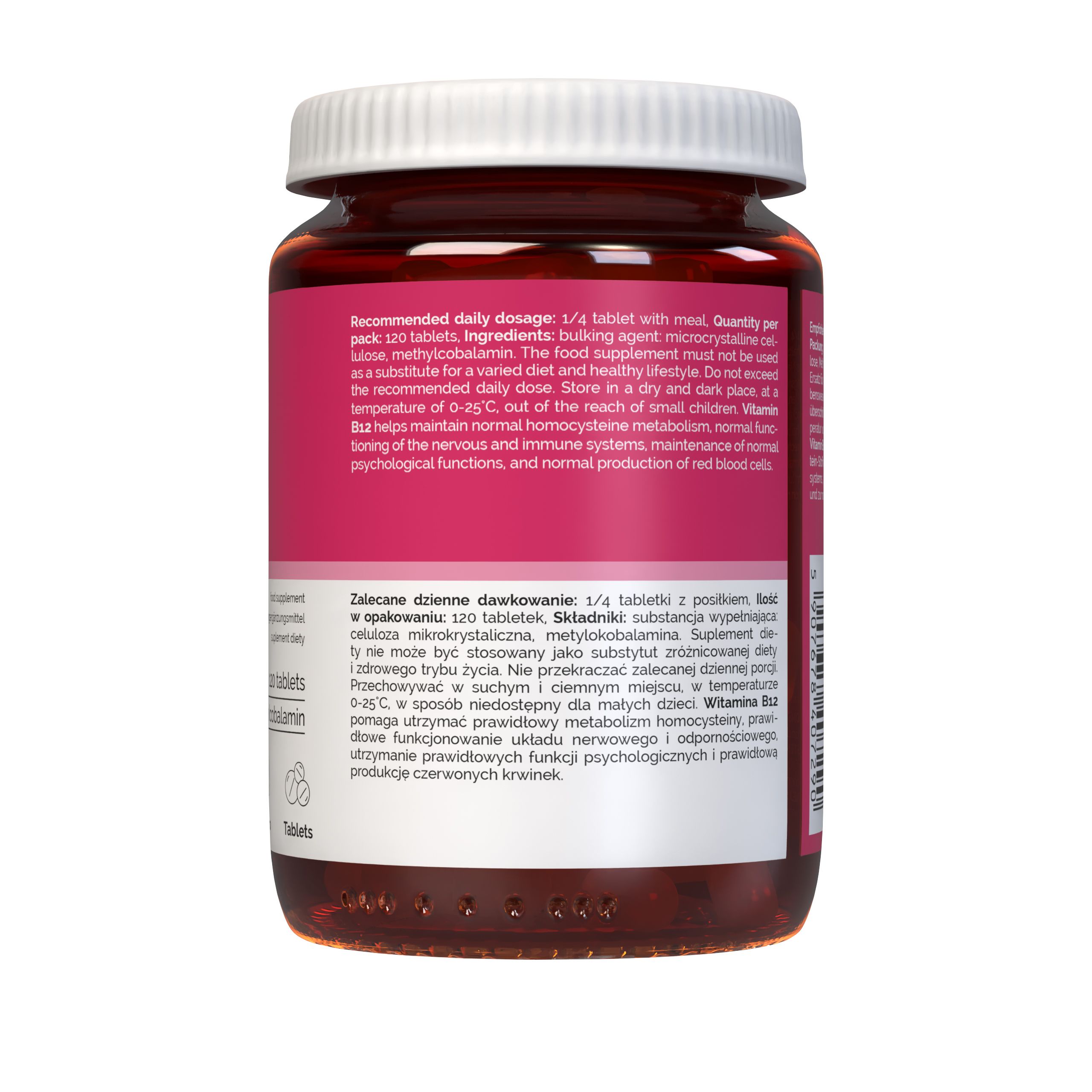 Vitaler's Vitamin B12 100 µg: Rückseite der braunen Flasche mit detaillierten Informationen und Anwendungshinweisen.