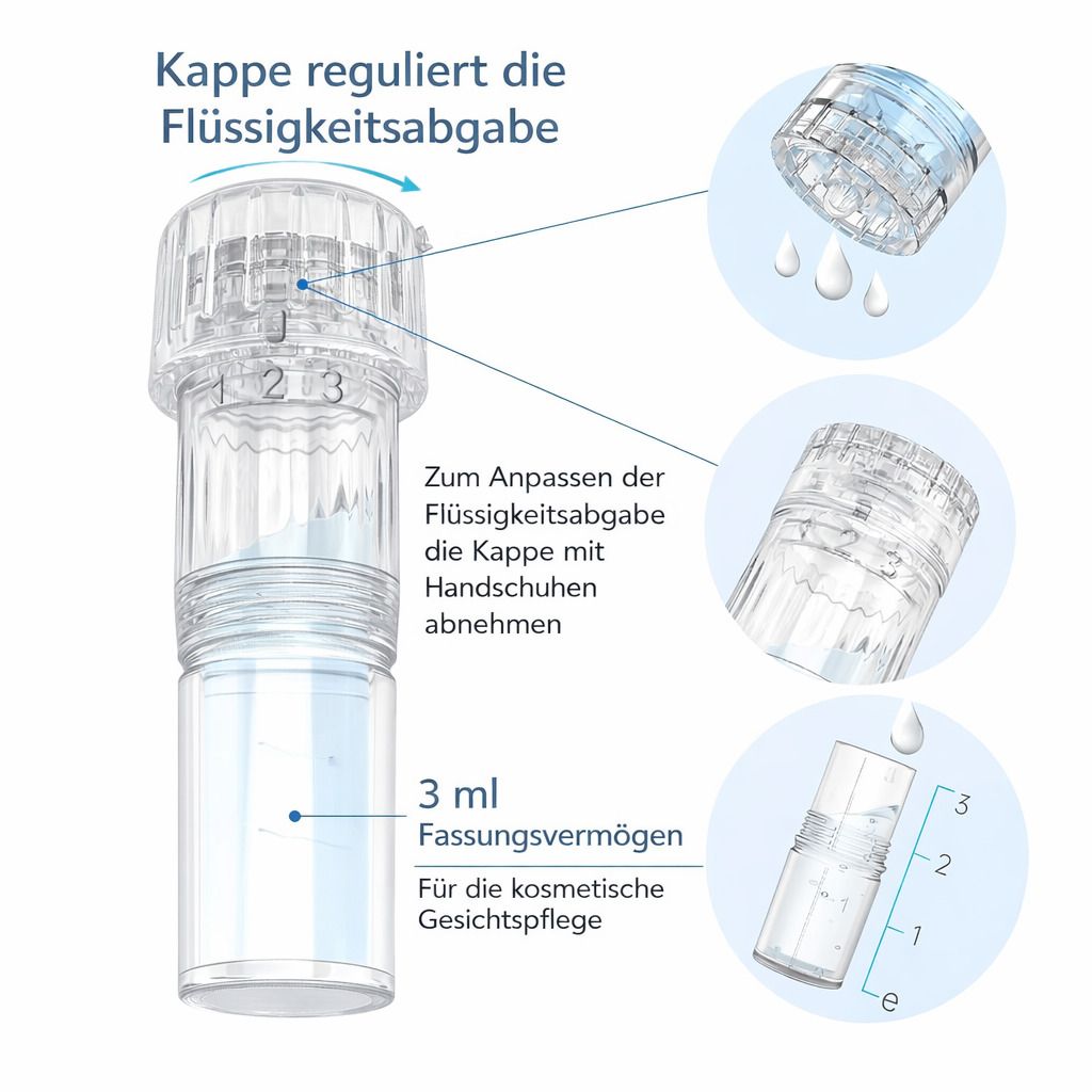 Microneedling-Nadel mit einstellbarer Flüssigkeitsabgabe. Skala von 1 bis 3. Fassungsvermögen 3 ml.