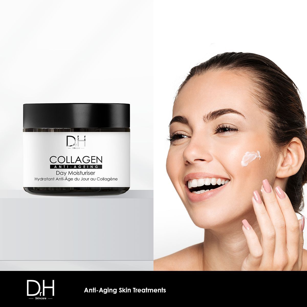 Creme-Tiegel mit schwarzem Deckel. Aufschrift: Collagen Anti-Ageing Day Moisturiser. DH-Logo. Frau trägt Creme auf.