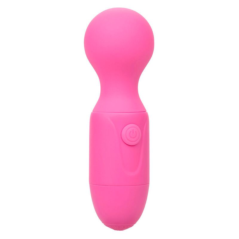 Pinkfarbener Vibrationsmassager mit rundem Kopf und Bedienknopf.