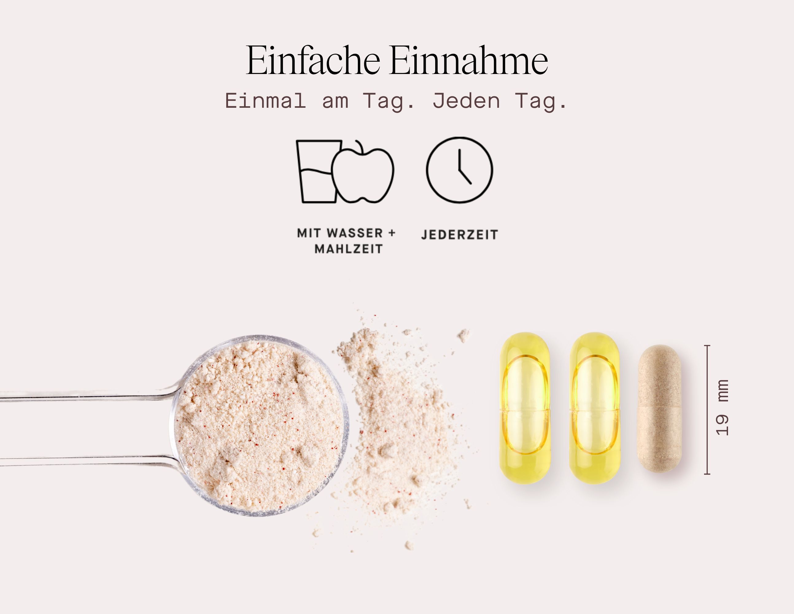 Infografik: Einfache Einnahme. Symbole für Wasser + Mahlzeit und jederzeit. Kapseln und Pulver.