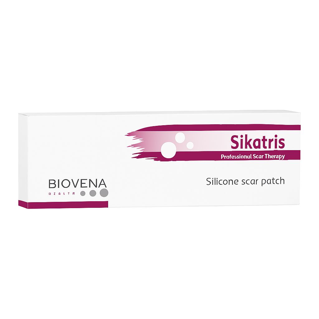 Weiße Verpackung mit dem Logo 'BIOVENA HEALTH' und dem Produktnamen 'Sikatris Silicone scar patch'.