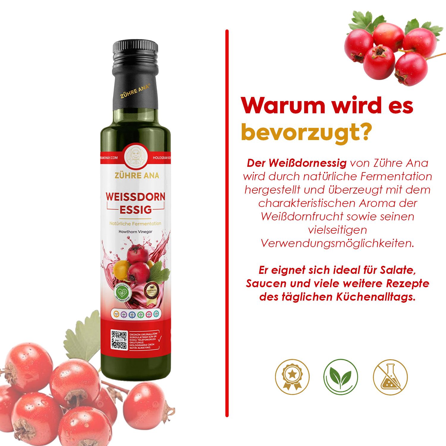Flasche Zühre Ana Weißdorn Essig mit Etikett, umgeben von Weißdornbeeren und Blättern.