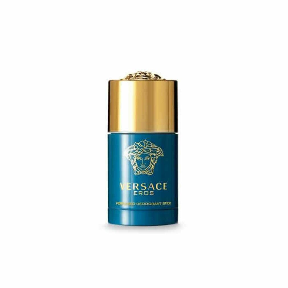 Blauer Deostift mit goldfarbenem Deckel. Aufschrift: Versace Eros. Logo Medusa.