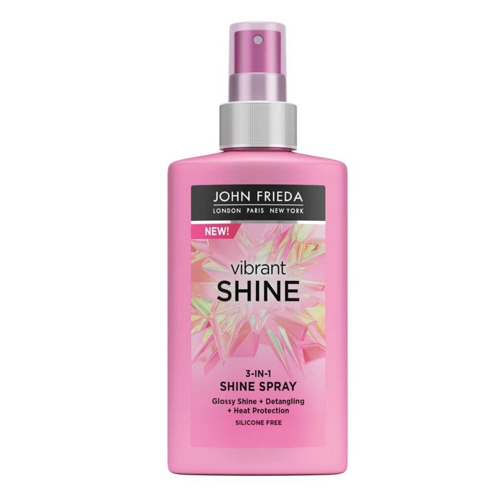 Rosa Flasche mit Sprühkopf. Aufschrift: John Frieda, Vibrant Shine, 3-in-1 Shine Spray. Enthält Glanz, Entwirrung, Hitzeschutz. Silikonfrei.