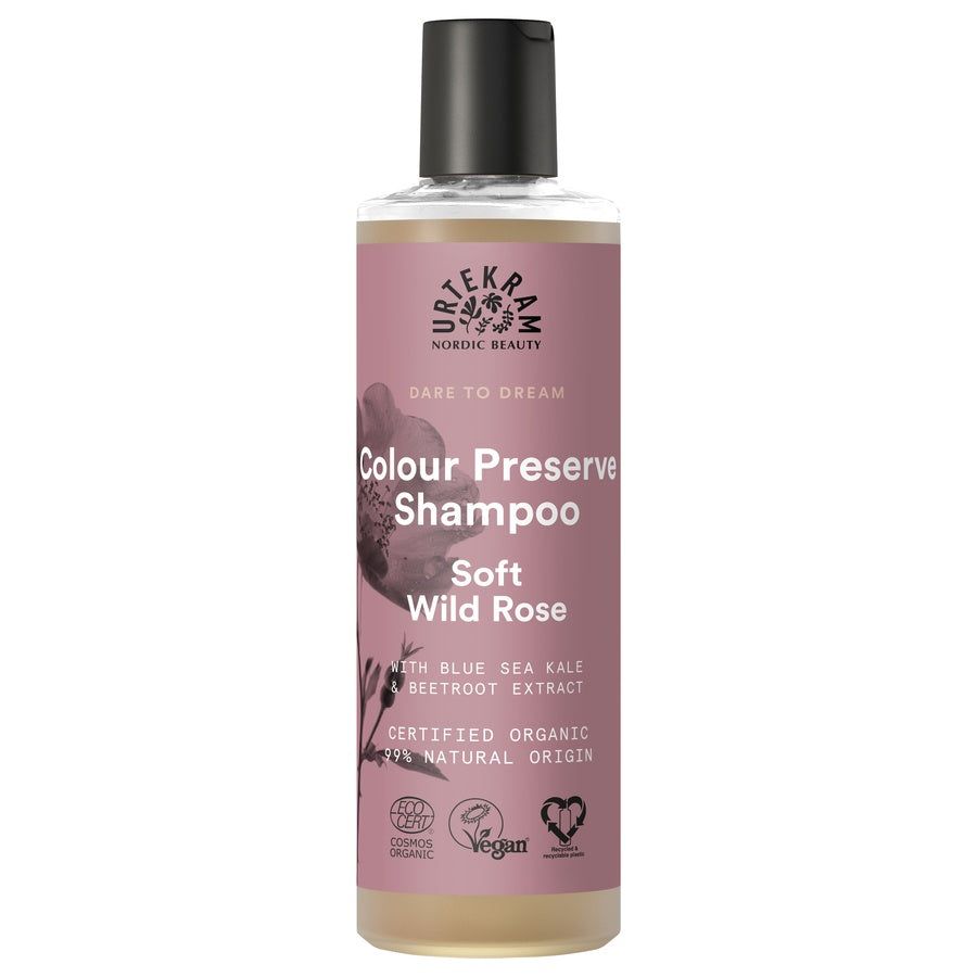 Shampoo-Flasche mit schwarzem Deckel. Aufschrift: Colour Preserve Shampoo Soft Wild Rose. Zertifizierte Bio-Qualität.