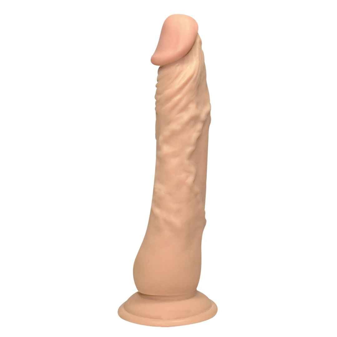 Beigefarbener Dildo mit geriffelter Oberfläche und Saugnapf. Geformt wie ein Penis.