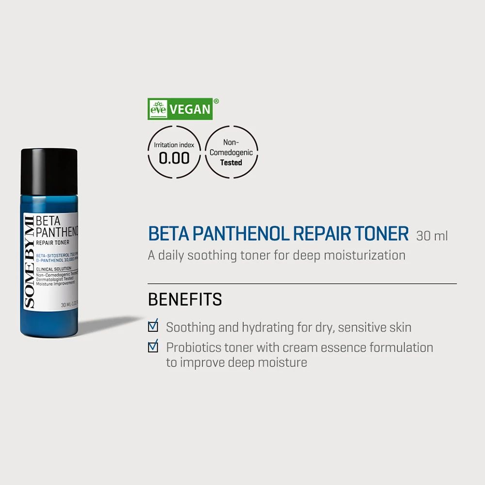 Blaue Flasche mit schwarzem Deckel. Text: BETA PANTHENOL REPAIR TONER, 30 ml. Logos: Vegan, Irritation Index 0.00, Non-Comedogenic Tested.