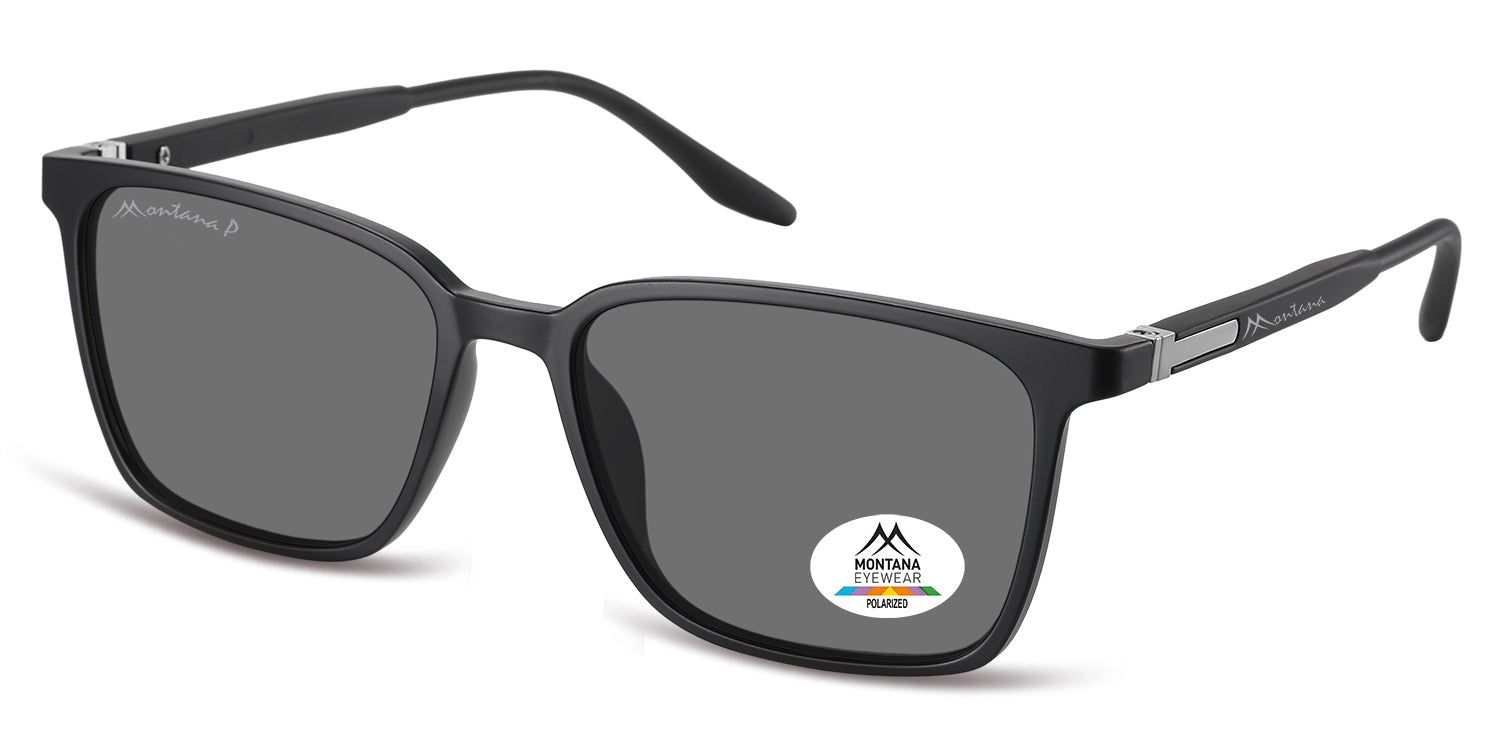 Schwarze Sonnenbrille mit rechteckigen Gläsern. Montana Eyewear Logo am Bügel und Glas. Polarisierte Gläser.