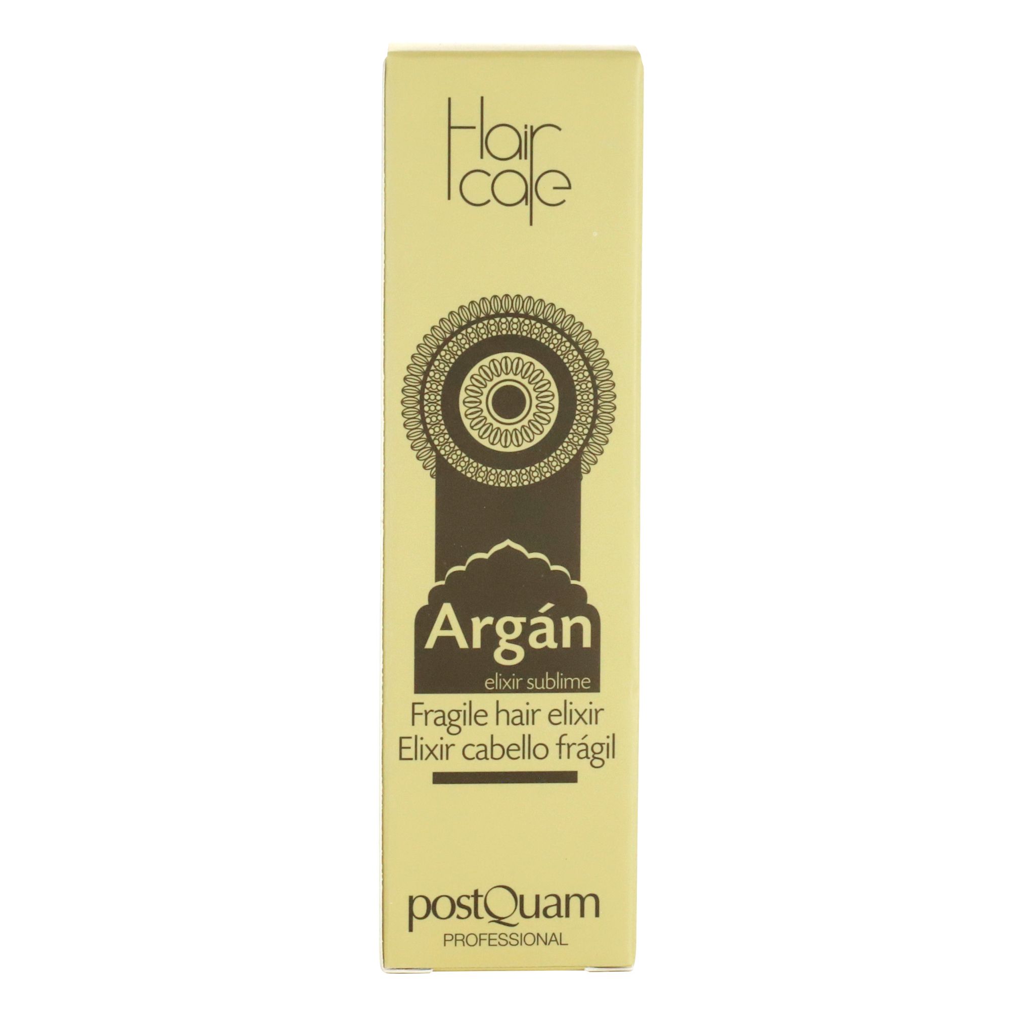 Beige Verpackung mit Aufschrift: Argán, Fragile hair elixir, PostQuam. Dekoratives Muster.