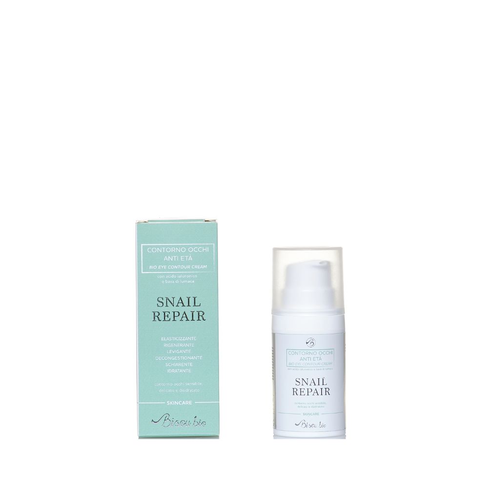 Flacone e scatola di crema contorno occhi. Scritta: Snail Repair Anti-età. Marchio: BisouBio.