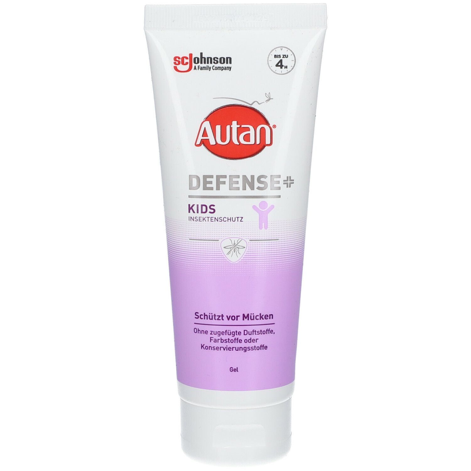 Autan Defense Kids Gel Tube. Weiß, mit rotem Logo und lila Bereich. Enthält Text: Insektenschutz, schützt vor Mücken.