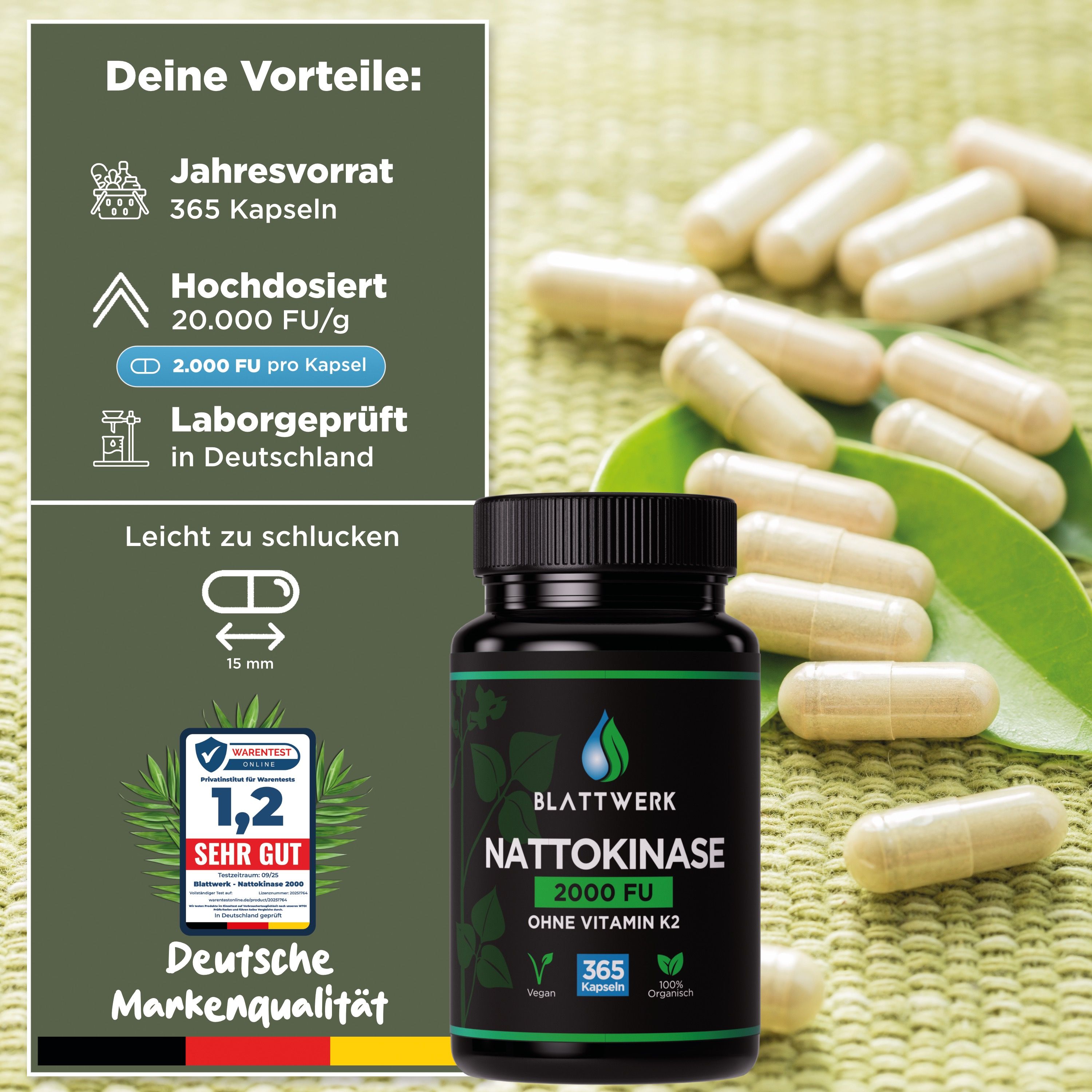 Nattokinase 2000 FU Dose, Jahresvorrat 365 Kapseln, laborgeprüft, deutsche Markenqualität.