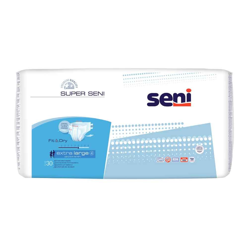 Verpackung mit Inkontinenzprodukten. Aufschrift: Super Seni, Fit & Dry, extra large 4, 30 Stück. Blautöne.