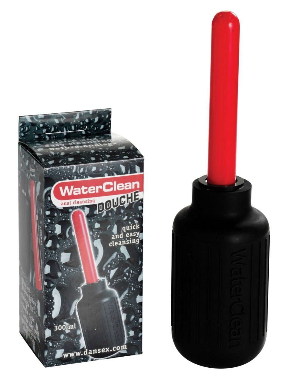 Schwarze Douche mit roter Spitze und Verpackung. Verpackung mit Produktname und 300ml Angabe. Aufschrift: WaterClean Douche.