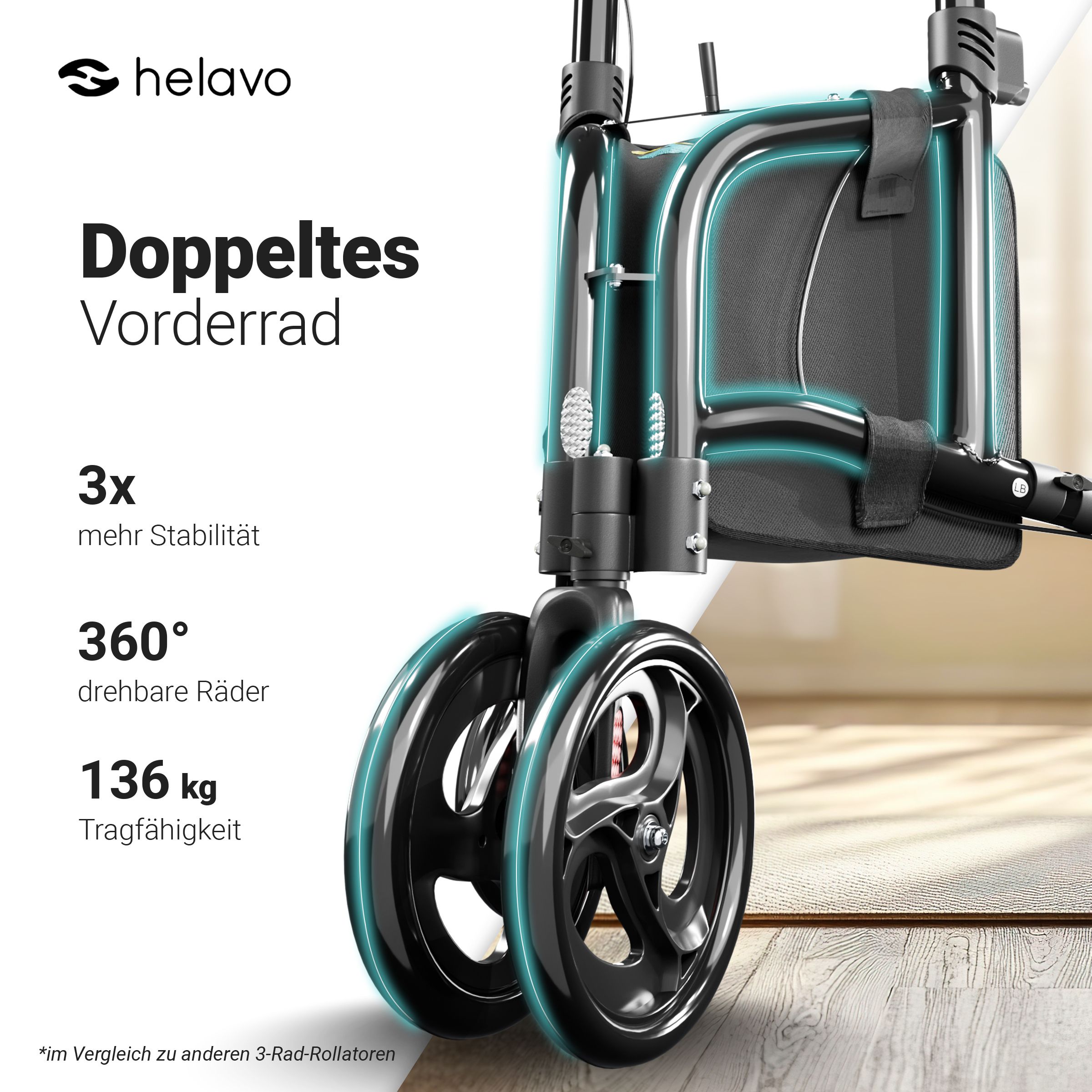 Helavo Dreiradrollator schmal faltbar 3 Raeder Aluminium All Terrain Gehhilfe 5,5kg