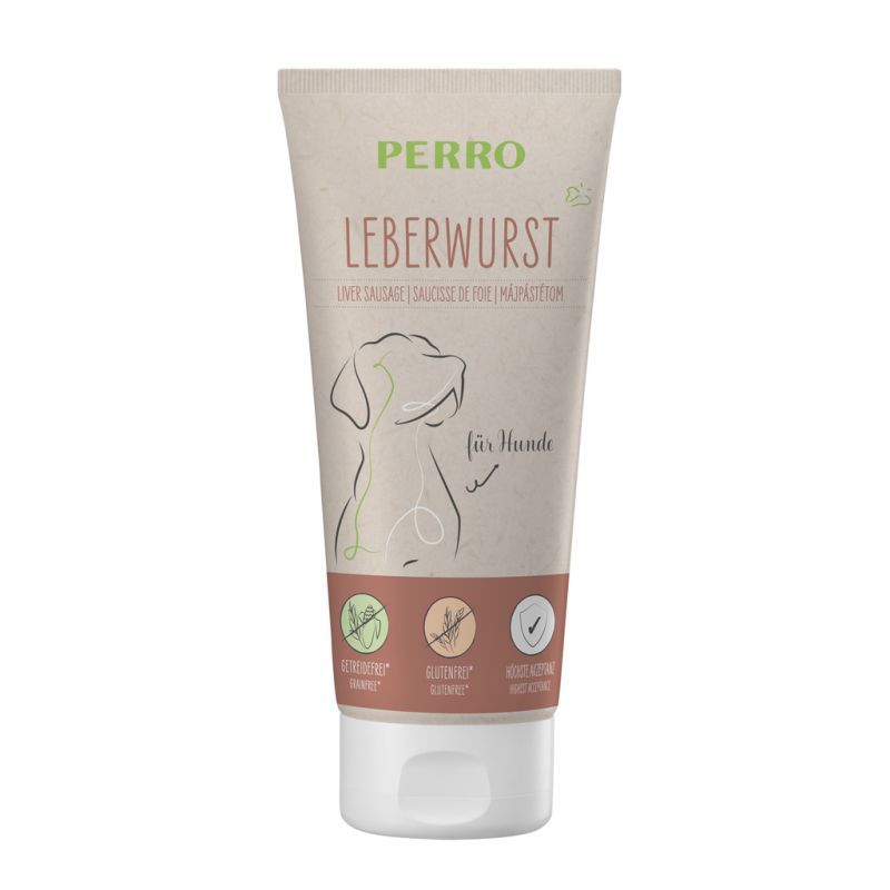 Tube mit Leberwurst für Hunde. Aufschrift: PERRO, LEBERWURST, für Hunde. Illustration eines Hundes. Symbole für glutenfrei, zuckerfrei, ohne Zusatzstoffe.