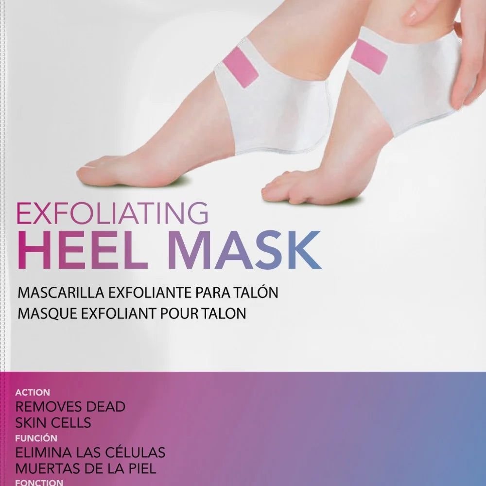 Weiße Fersenmaske mit rosa Verschluss. Text: EXFOLIATING HEEL MASK. Entfernt abgestorbene Hautzellen. Mehrsprachige Produktinformationen.