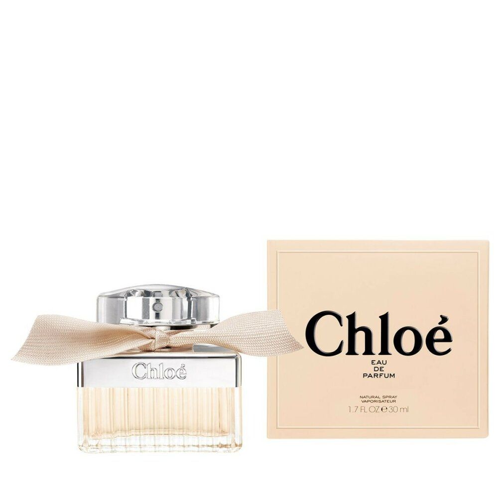Chloé Eau de Parfum Flakon und Verpackung. Beige Box mit schwarzem Schriftzug Chloé. Flakon mit Schleife.