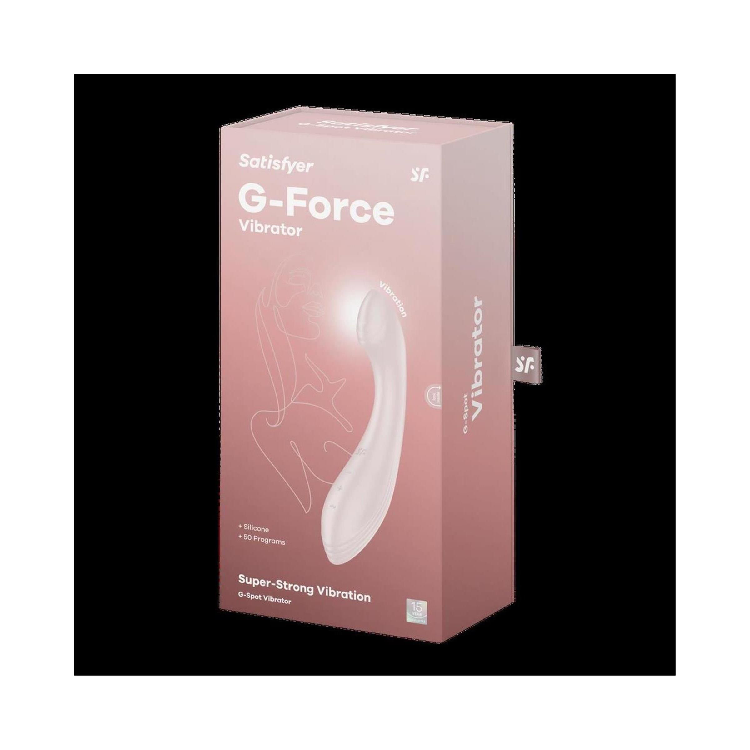 Verpackung für G-Force Vibrator. Rosa Box mit Produktbild und Text. Marke Satisfyer.