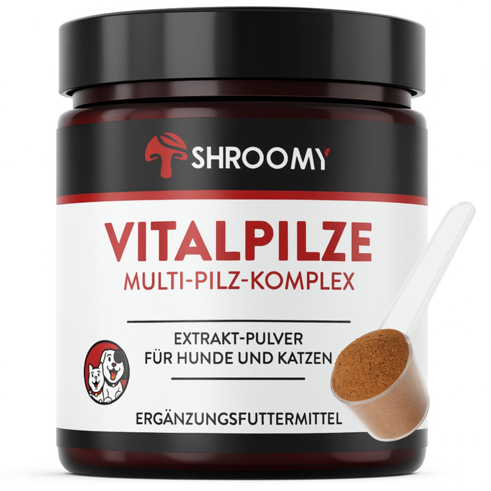 Braune Dose mit weißem Etikett. Text: SHROOMY Vitalpilze, Multi-Pilz-Komplex. Extrakt-Pulver für Hunde und Katzen.