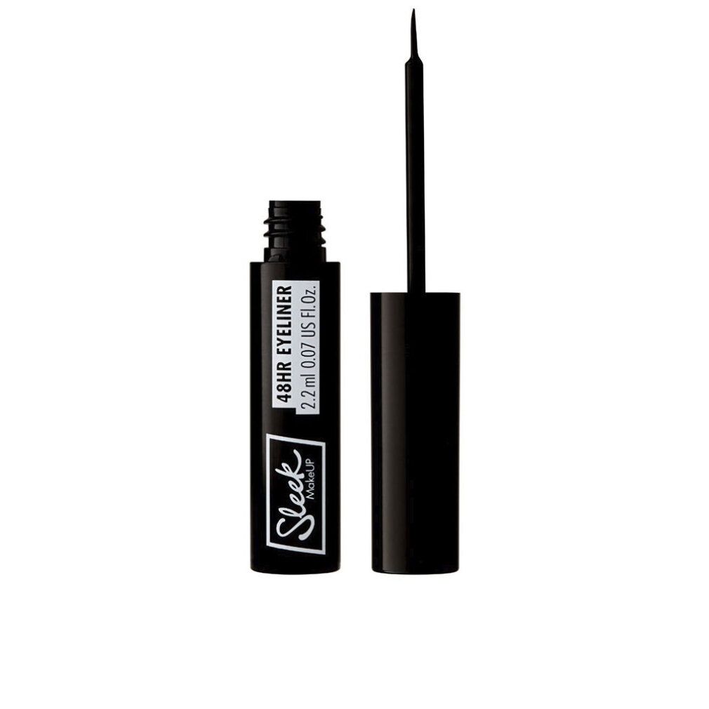 Schwarzer Eyeliner mit geöffneter Flasche und Applikator. Aufschrift: 48HR EYELINER, 2.2 ml 0.07 US FL OZ. Marke Sleek Makeup.