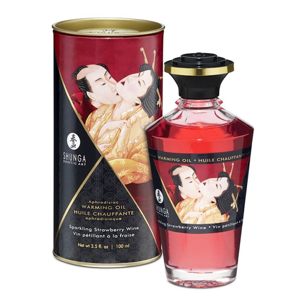 Rode fles en doos met etiketten. Opschrift: Shunga, Warming Oil, aardbei aroma. Illustratie van een kussend paar.
