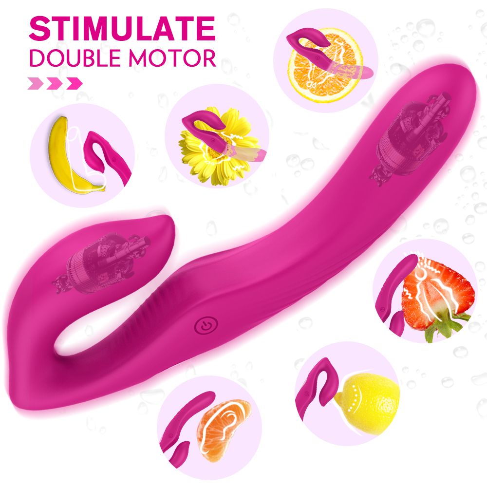 Pinkfarbener Vibrator mit Früchten und Blüten. Das Bild zeigt das Produkt in verschiedenen Kontexten.